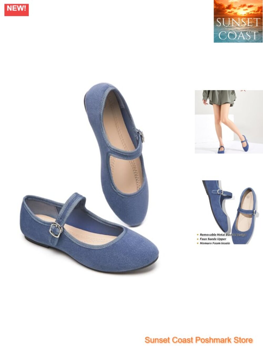 Womens Mary Jane Flats Faux Suede Adjustable Strap Round Toe Memory Foam Casual
